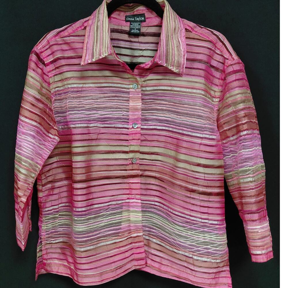 Dana Taylor 3J180072 Striped Button-Up Shirt Pink Woven 3/4 Sleeve Women Size S